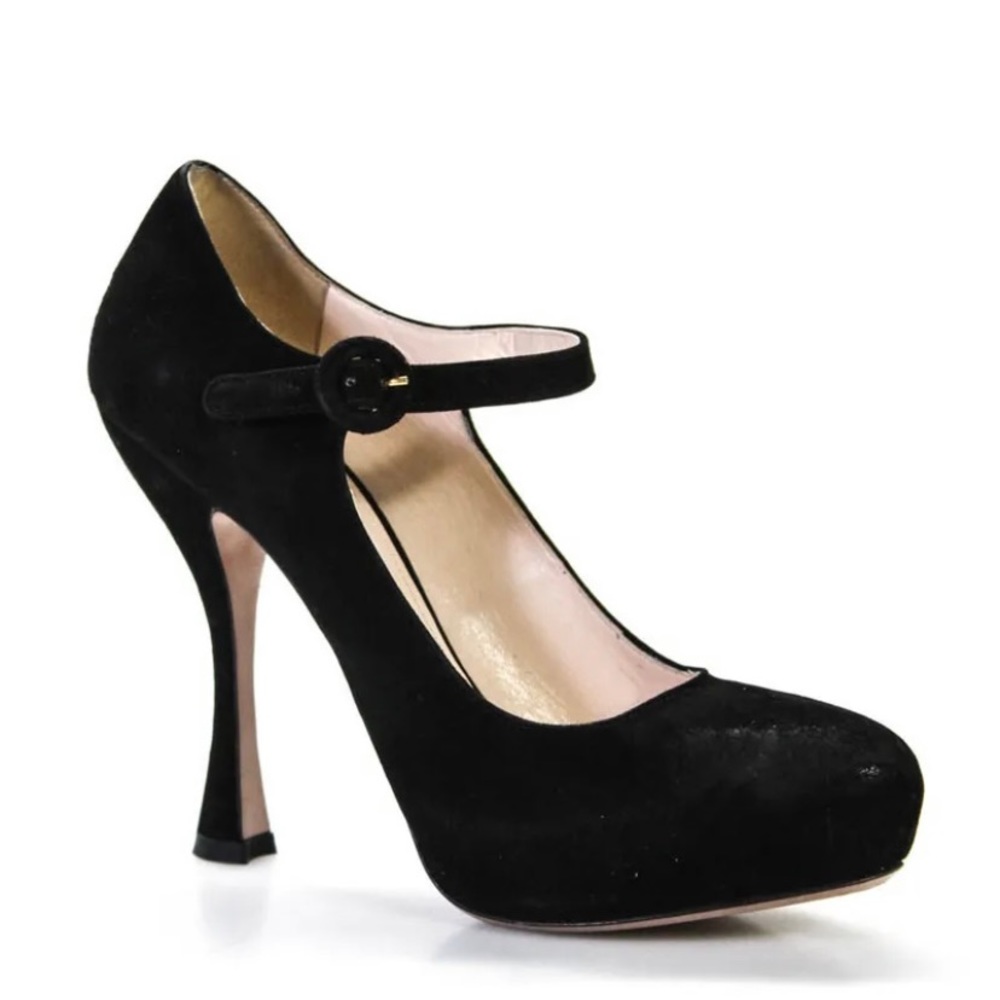 Prada Womans Almond Toe Ankle Strap Velvet Black Classic Pumps Size 38